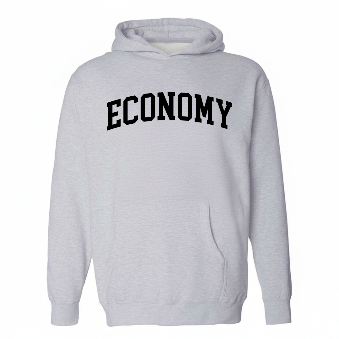 Heather-gray hoodie with the Economy Borough varsity arched lettering design on the chest.
