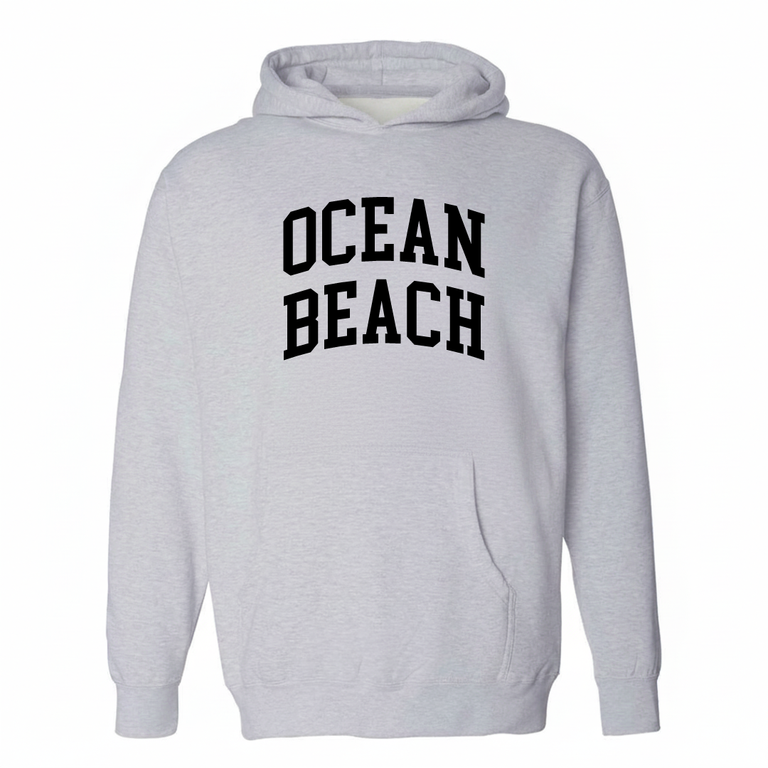 Heather-gray hoodie with the Ocean Beach arched lettering design on the chest.