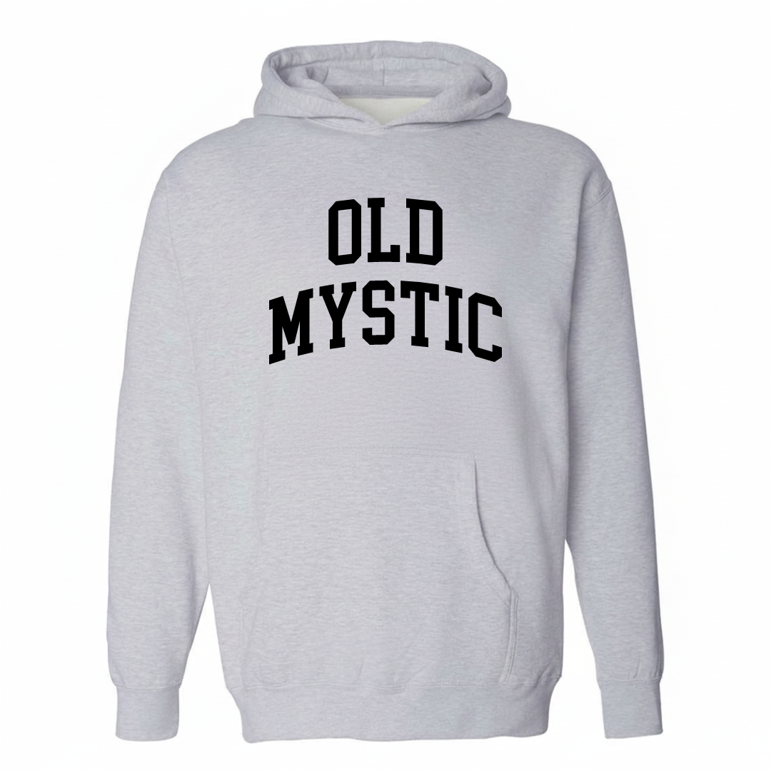 Heather-gray hoodie with the Old Mystic varsity arched lettering design on the chest.