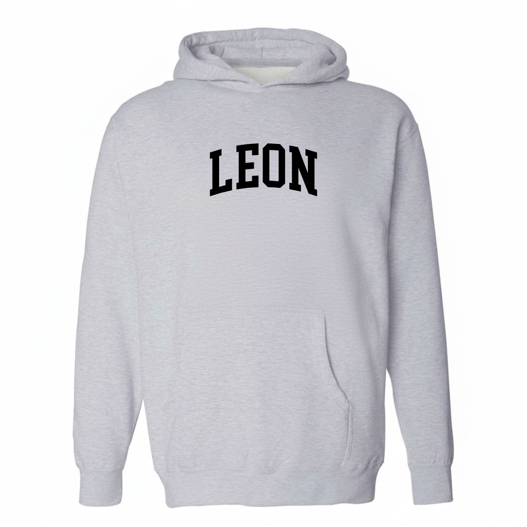 Heather-gray hoodie with the Leon, Iowa varsity arched lettering design on the chest.