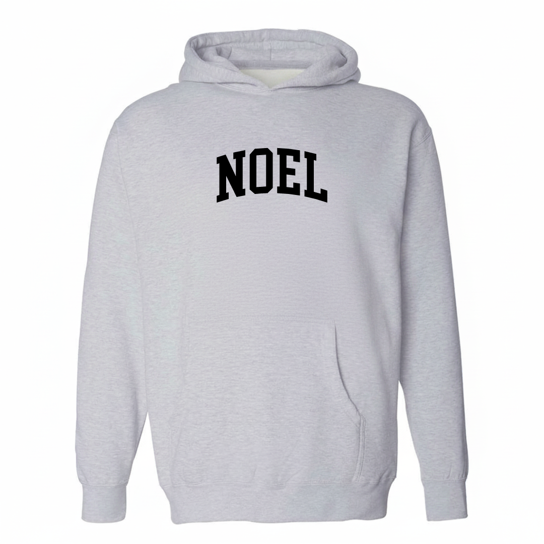Heather-gray hoodie with the Noel Missouri varsity arched lettering design on the chest.