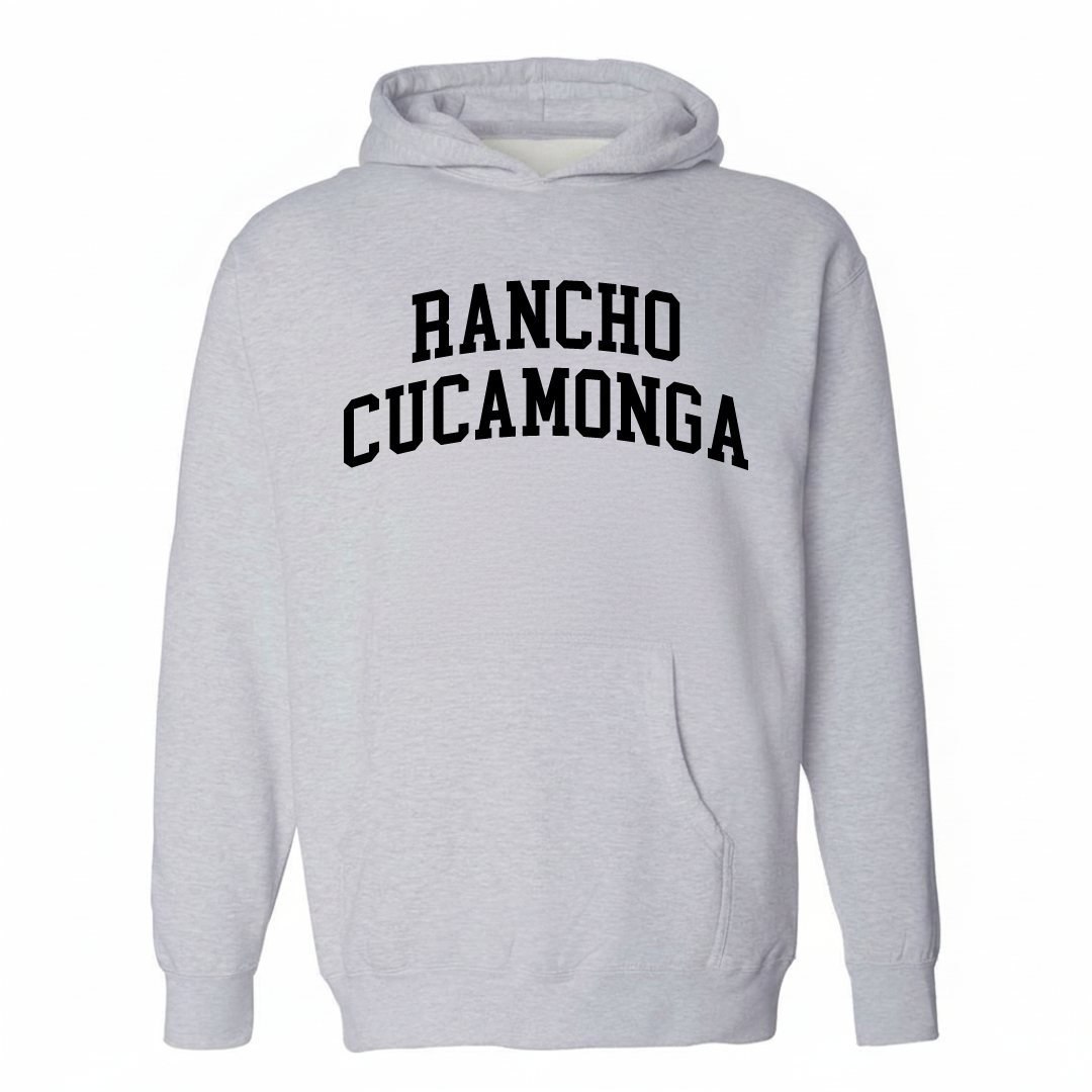 Heather-gray hoodie with the Rancho Cucamonga arched lettering design on the chest.