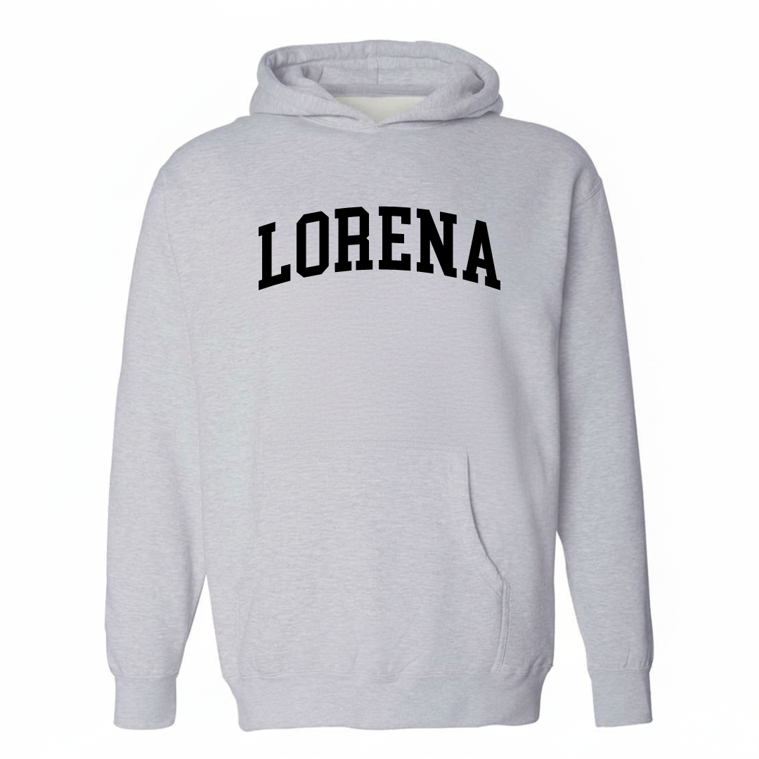 Heather-gray hoodie with the Lorena varsity arched lettering design on the chest.
