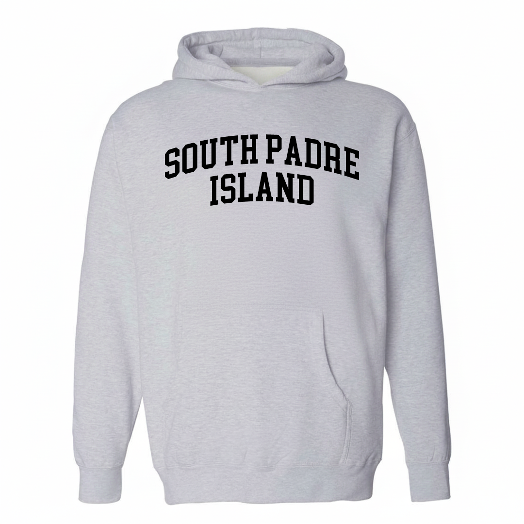 Heather-gray hoodie with the South Padre Island arched lettering design on the chest.