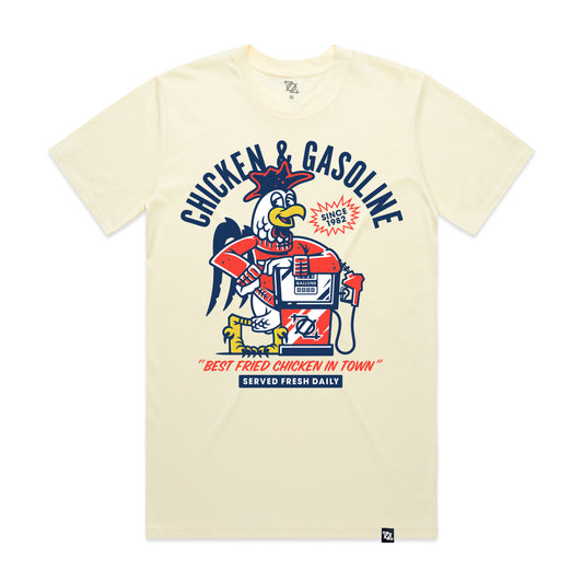 704 Shop Chicken & Gasoline Tee - Butter/Multi (Unisex)