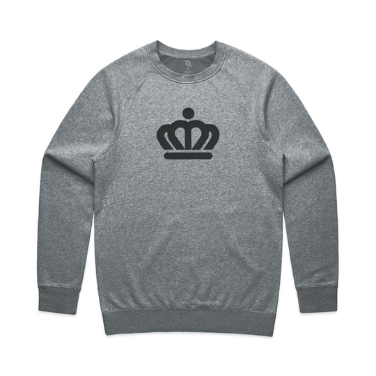 black sweatshirt with crown logo embroidered on front