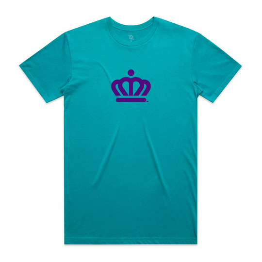 teal t shirt with the crown logo printed on the front