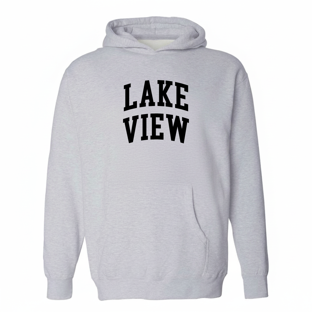 Heather-gray hoodie with the Lake View varsity arched lettering design on the chest.