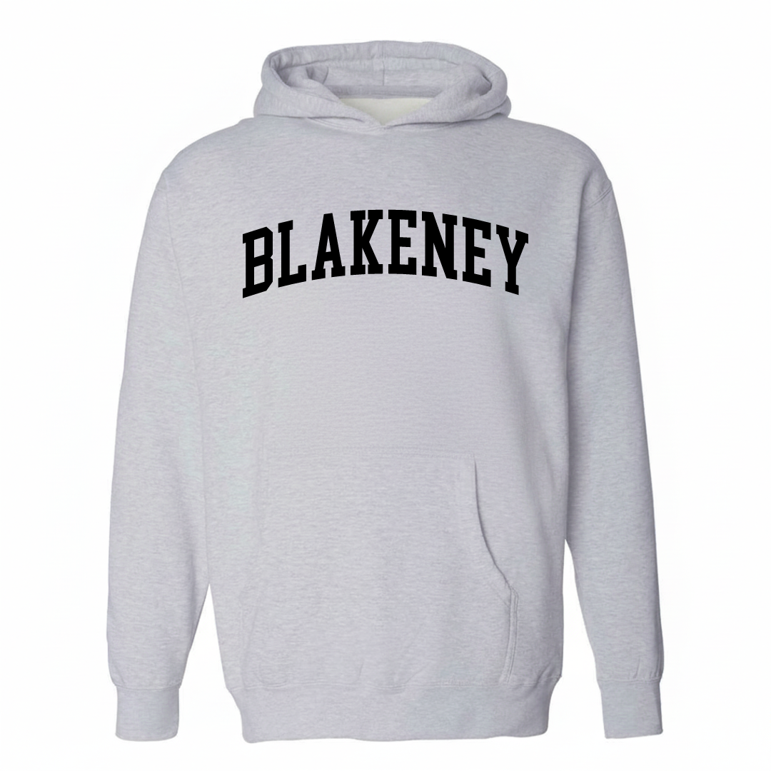 Heather-gray hoodie with the Blakeney varsity arched lettering design on the chest.