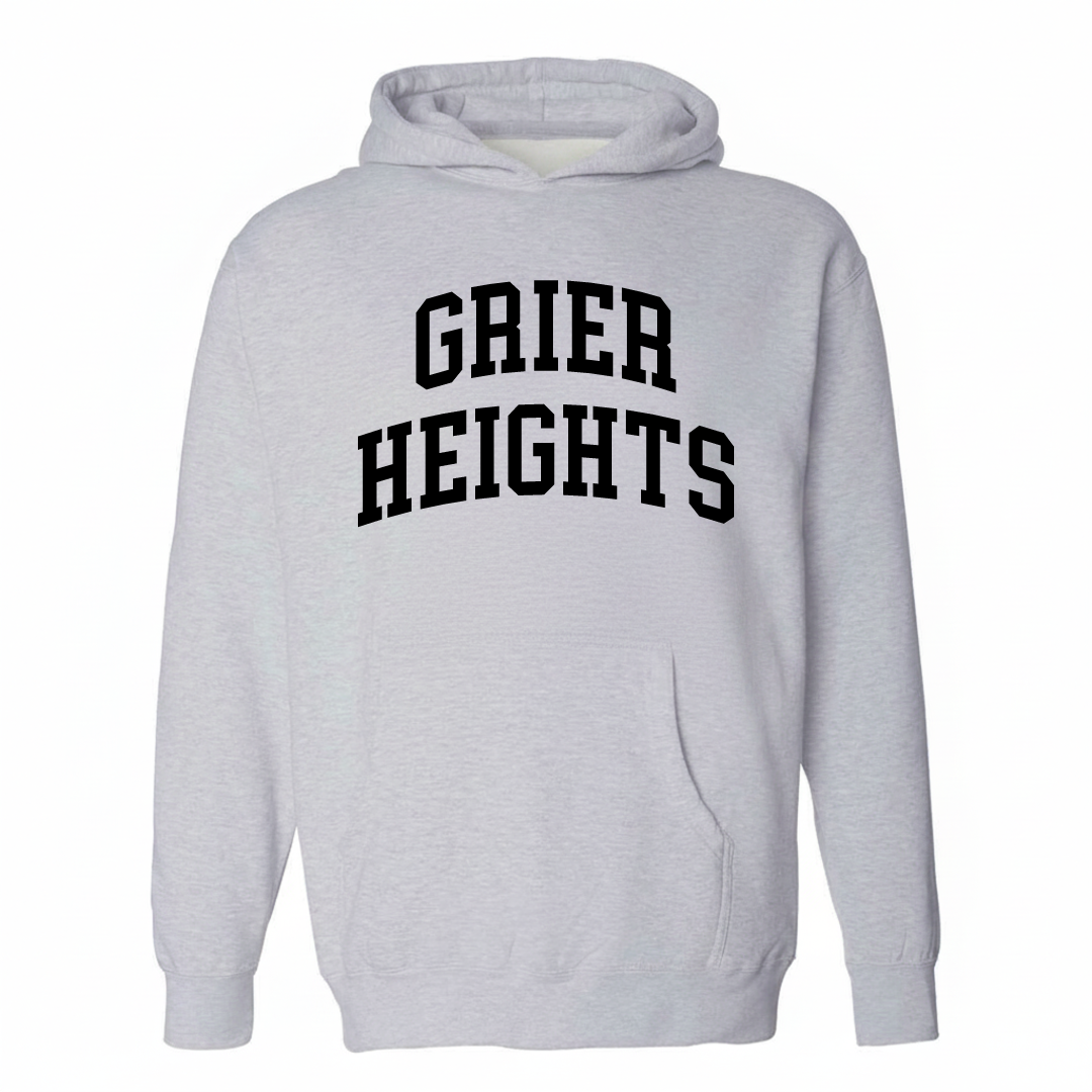 Heather-gray hoodie with the Grier Heights varsity arched lettering design on the chest.