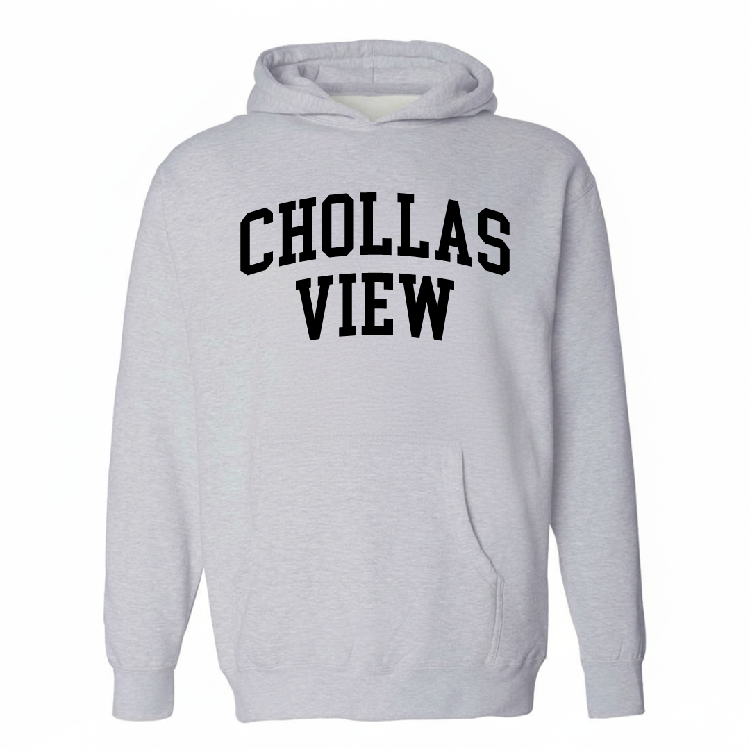 Heather-gray hoodie with the Chollas View varsity arched lettering design on the chest.