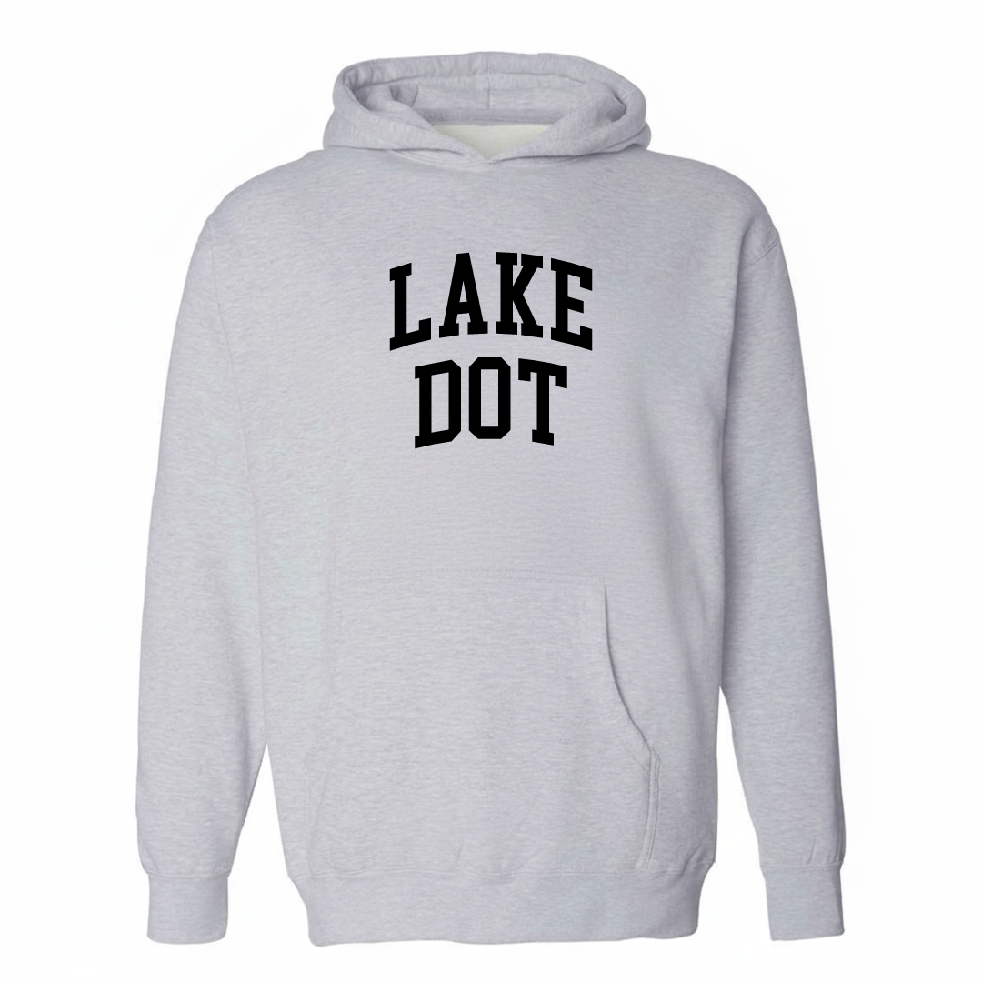 Heather-gray hoodie with the Lake Dot varsity arched lettering design on the chest.