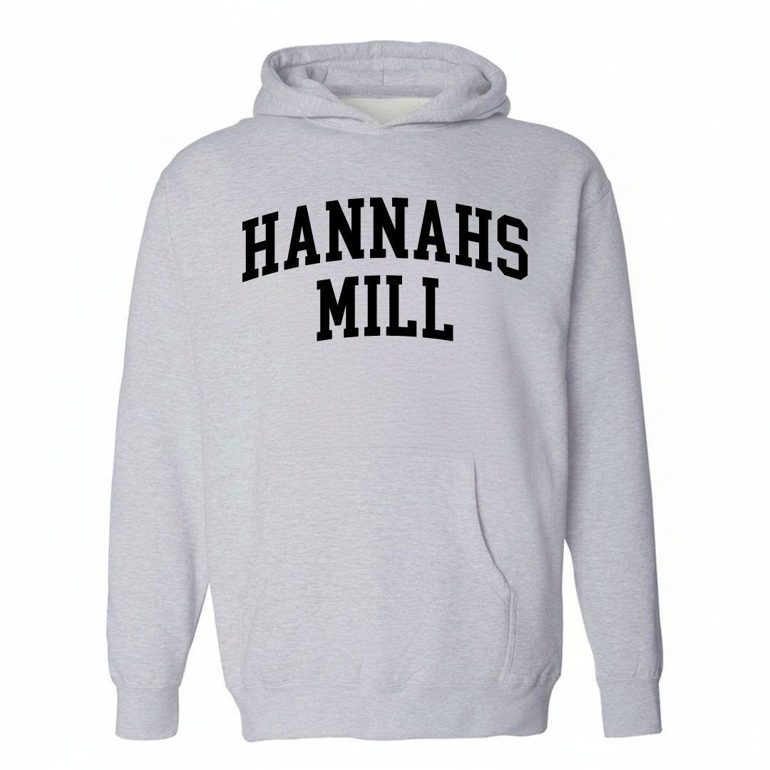 Heather-gray hoodie with the Hannahs Mill varsity arched lettering design on the chest.