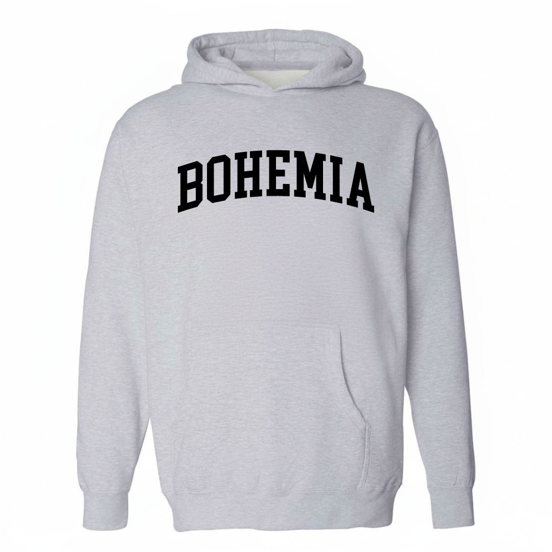 Heather-gray hoodie with the Bohemia arched lettering varsity-collegiate design on the chest.