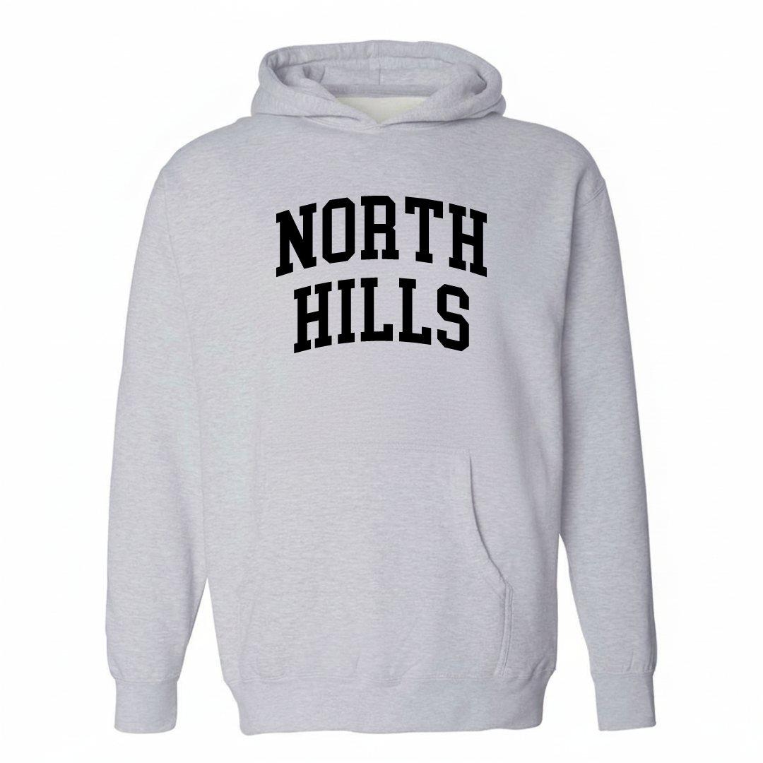 Heather-gray hoodie with the North Hills varsity arched lettering design on the chest.