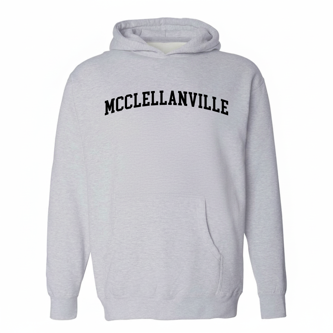 Heather-gray hoodie with the McClellanville arched lettering varsity-collegiate design on the chest.