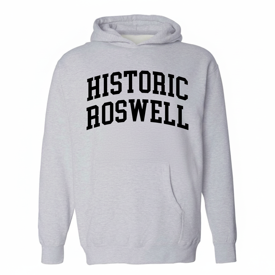 Heather-gray hoodie with the Historic Roswell varsity arched lettering design on the chest.