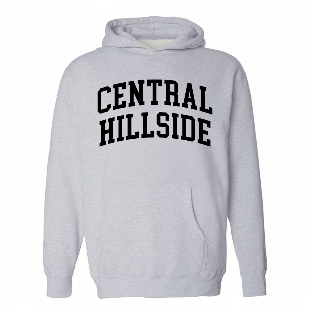 Heather-gray hoodie with the Central Hillside arched varsity lettering design on the chest.