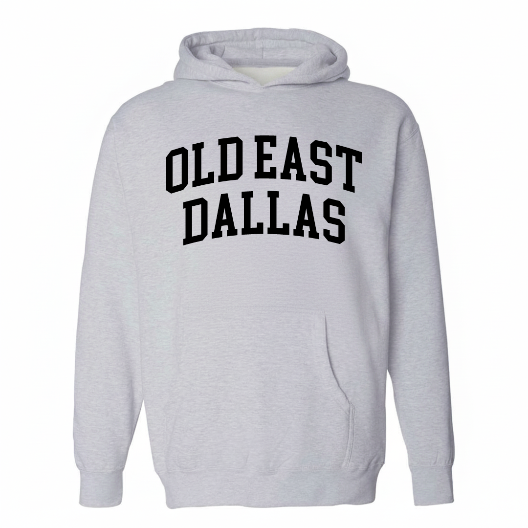 Heather-gray hoodie with the Old East Dallas varsity arched lettering design on the chest.