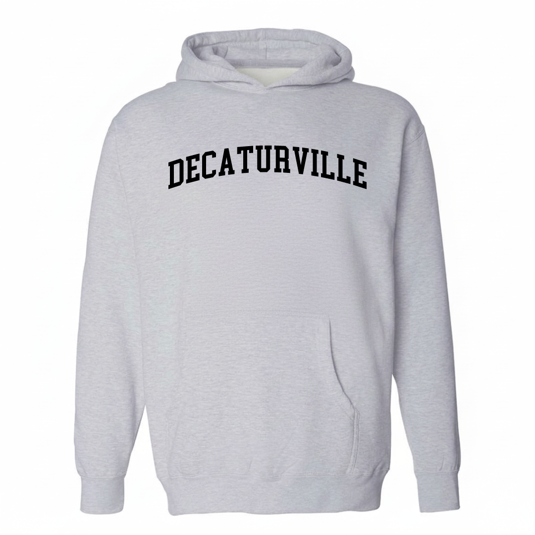 Heather-gray hoodie with the Decaturville arched lettering varsity-collegiate design on the chest.
