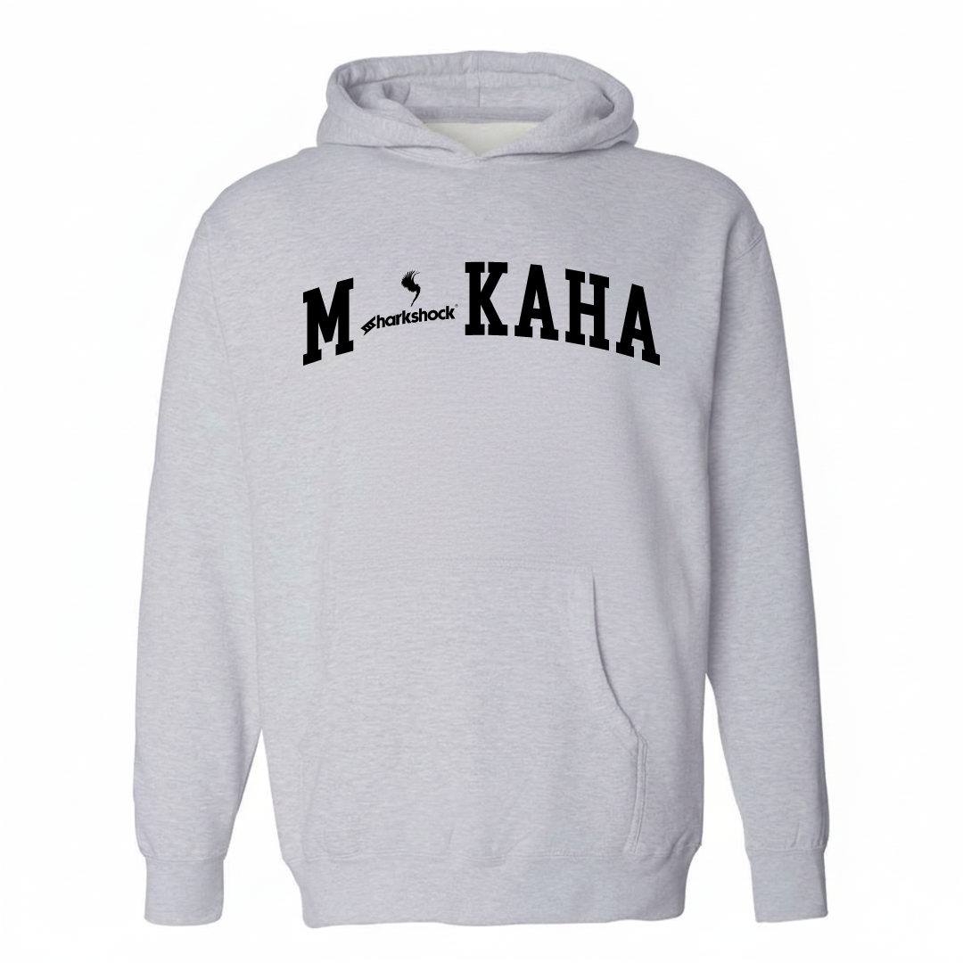 Heather-gray hoodie with the Mākaha varsity arched lettering design on the chest.