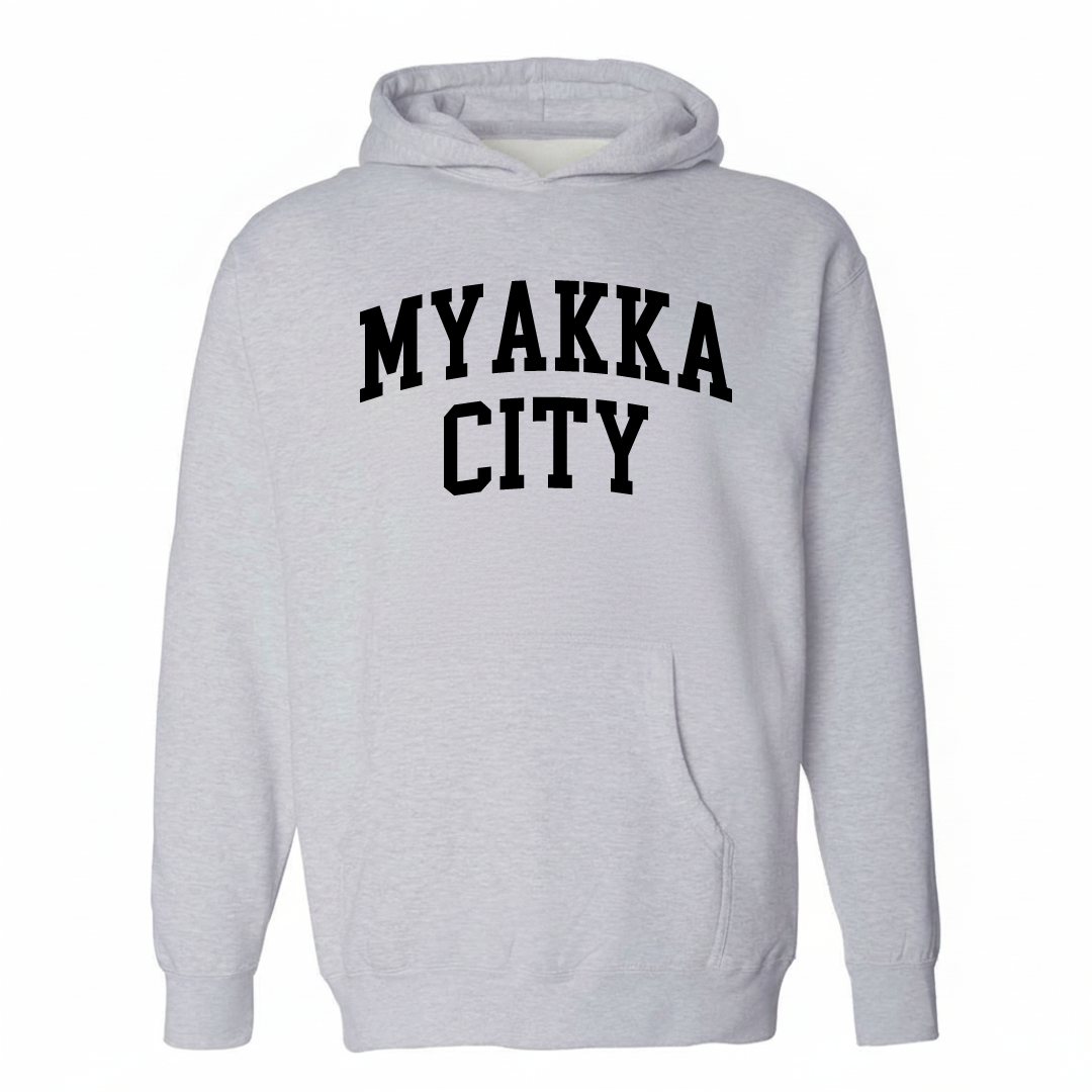 Heather-gray hoodie with the Myakka City varsity arched lettering design on the chest.