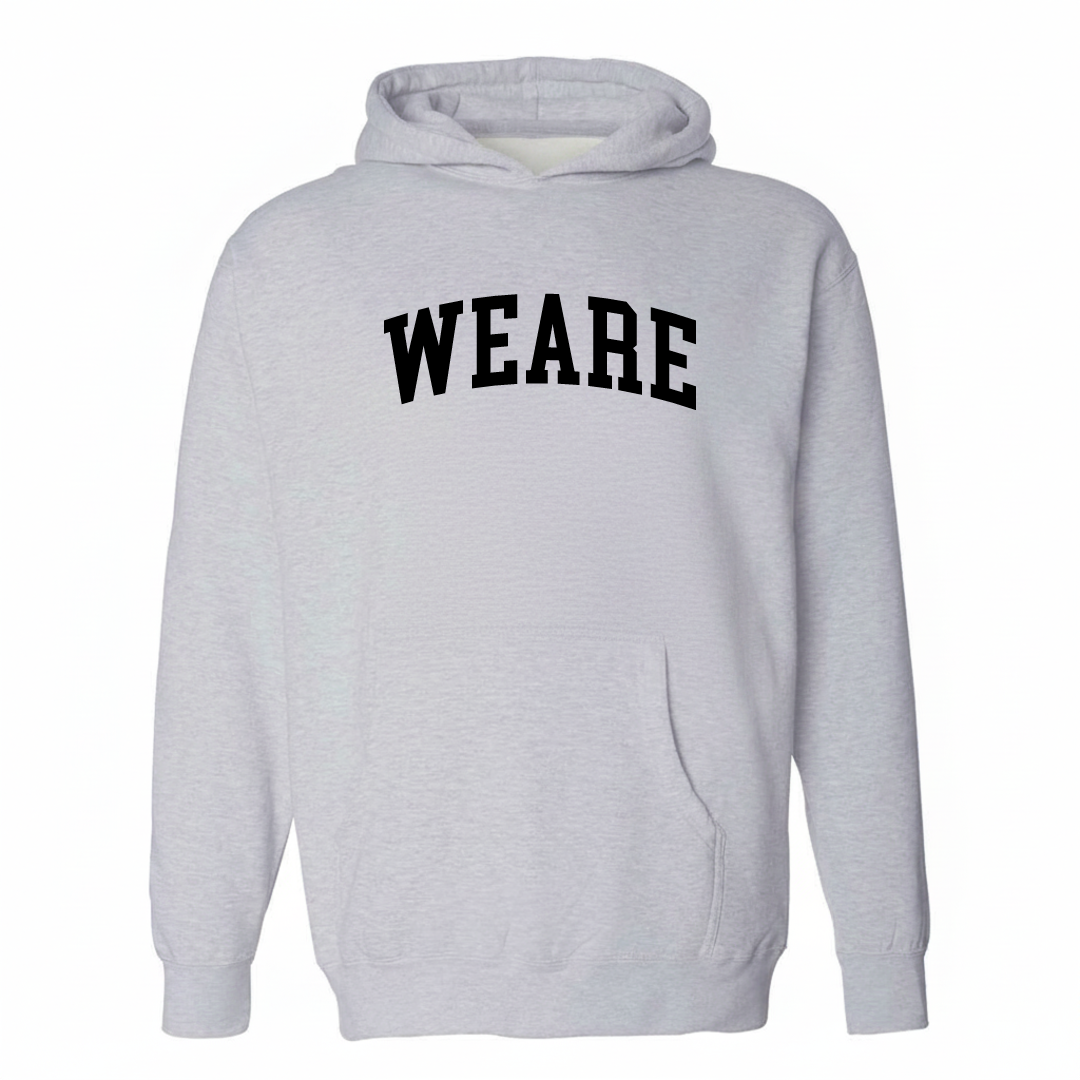 Heather-gray hoodie with the Weare NH varsity arched lettering design on the chest.
