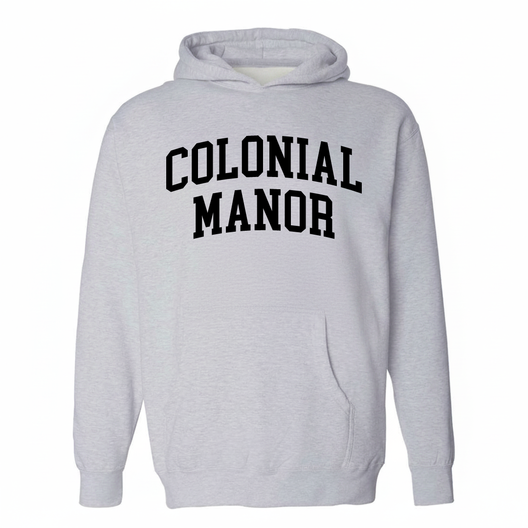 Heather-gray hoodie with the Colonial Manor arched lettering design on the chest.