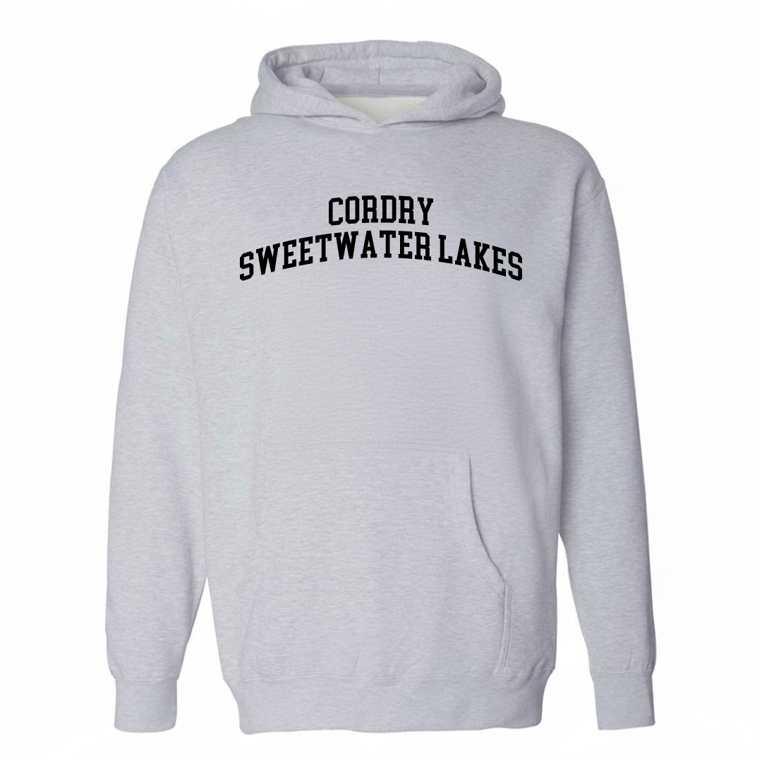 Heather-gray hoodie with the Cordry Sweetwater Lakes varsity arched lettering design on the chest.