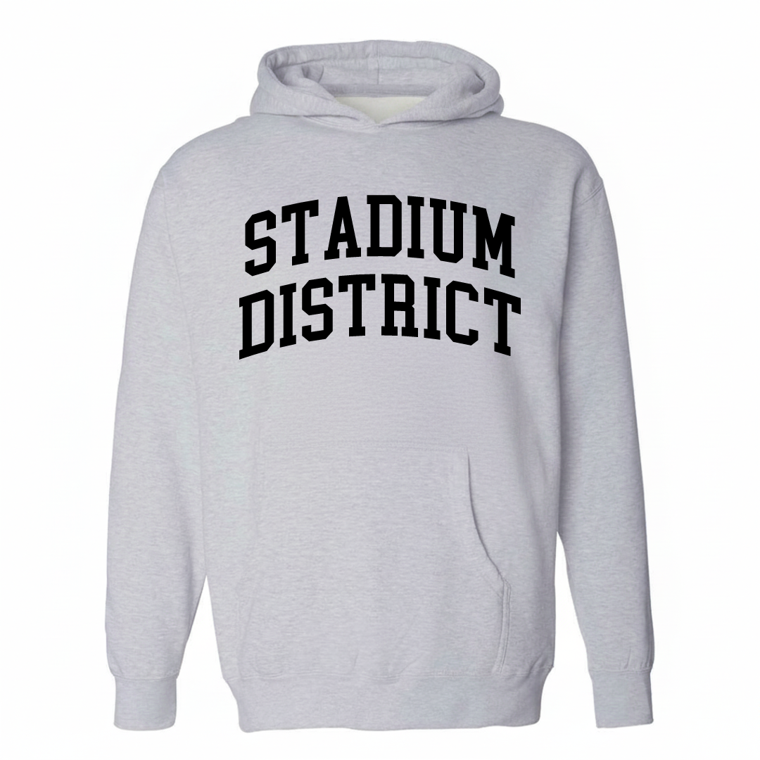 Heather-gray hoodie with the Stadium District arched lettering varsity-collegiate design on the chest.