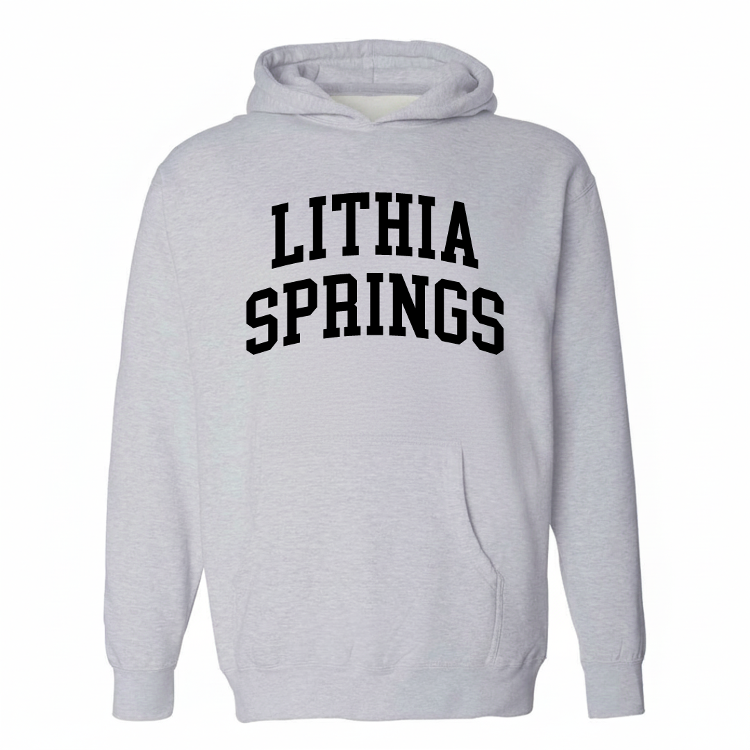 Heather-gray hoodie with the Lithia Springs varsity arched lettering design on the chest.