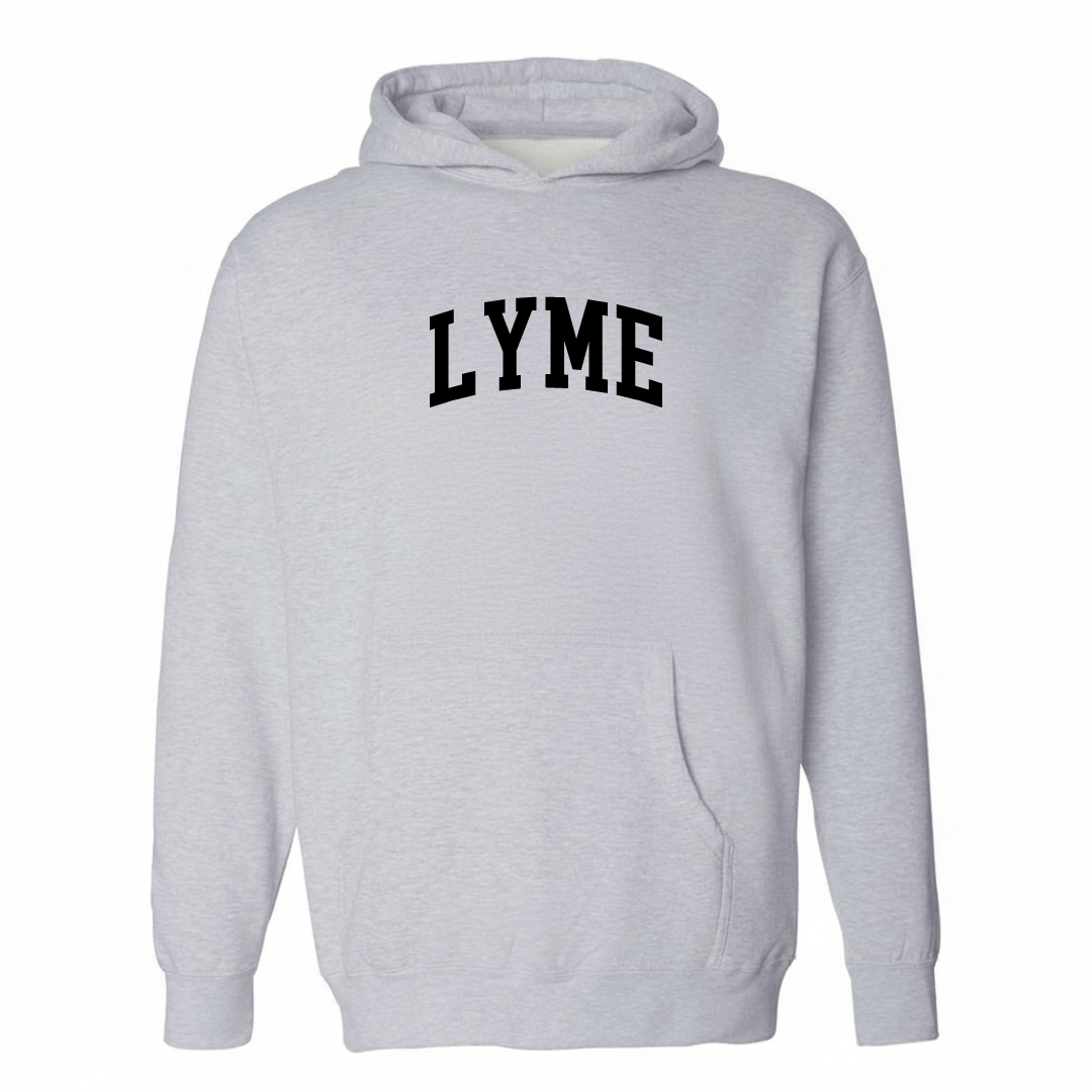 Heather-gray hoodie with the Lyme arched varsity lettering design on the chest.