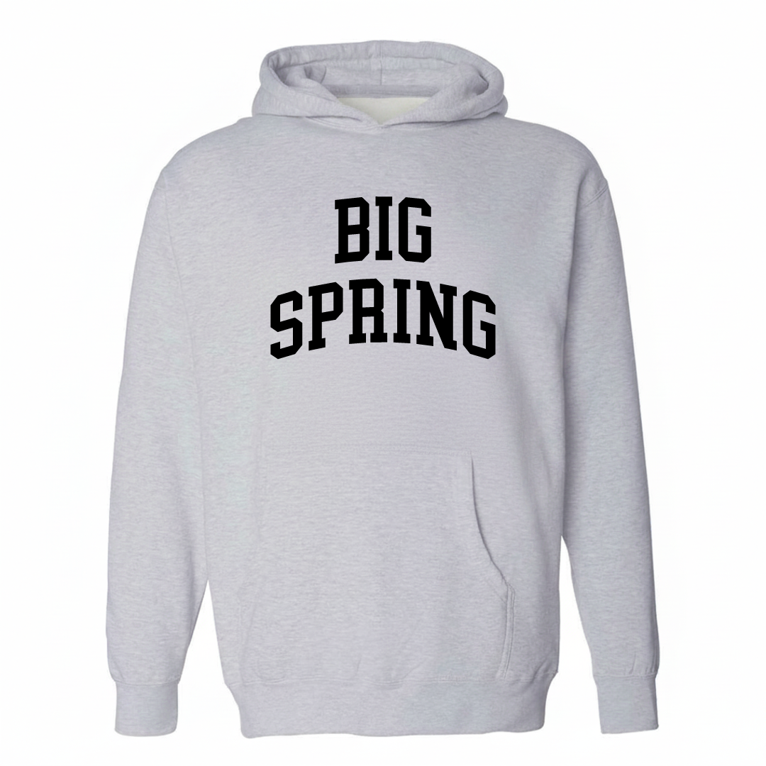 Heather-gray hoodie with the Big Spring varsity arched lettering design on the chest.