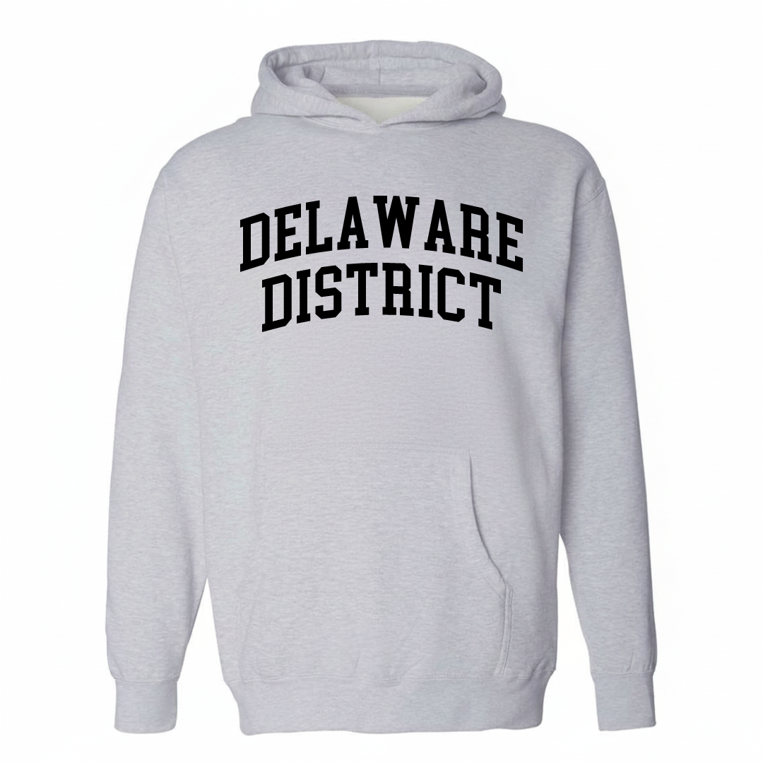 Heather-gray hoodie with the Delaware District varsity arched lettering design on the chest.