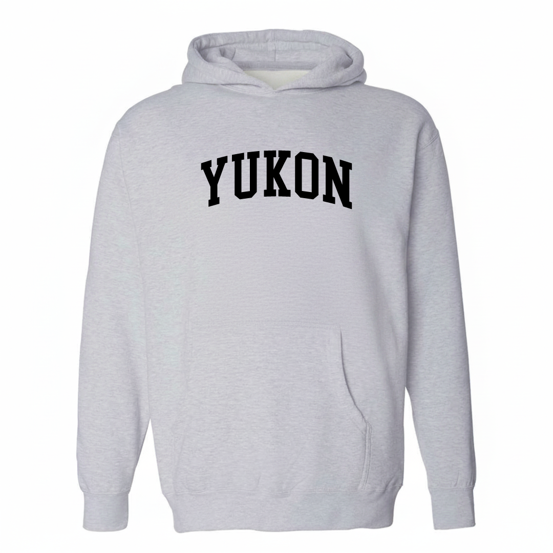 Heather-gray hoodie with the Yukon varsity arched lettering design on the chest.