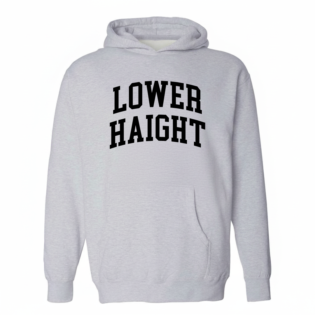 Heather-gray hoodie with the Lower Haight varsity arched lettering design on the chest.