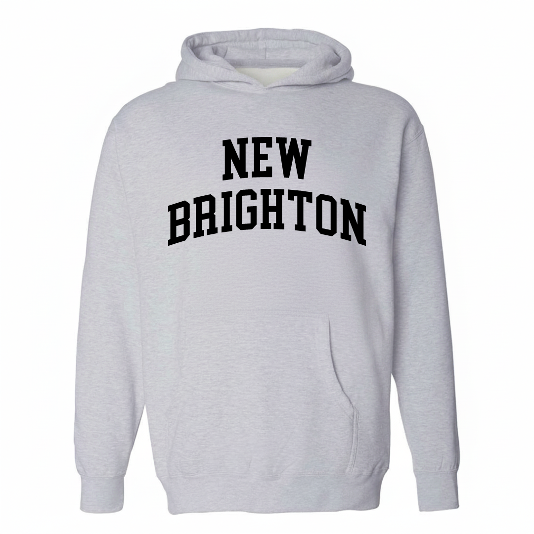 Heather-gray hoodie with the New Brighton arched varsity lettering design on the chest.