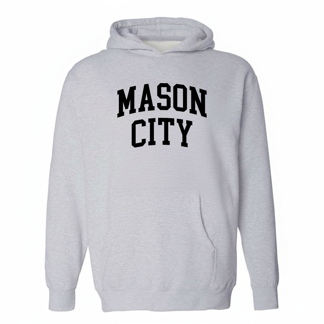 Heather-gray hoodie with the Mason City varsity arched lettering design on the chest.
