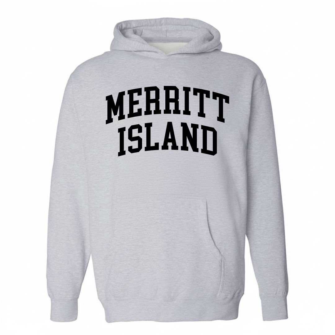 Heather-gray hoodie with the Merritt Island varsity arched lettering design on the chest.