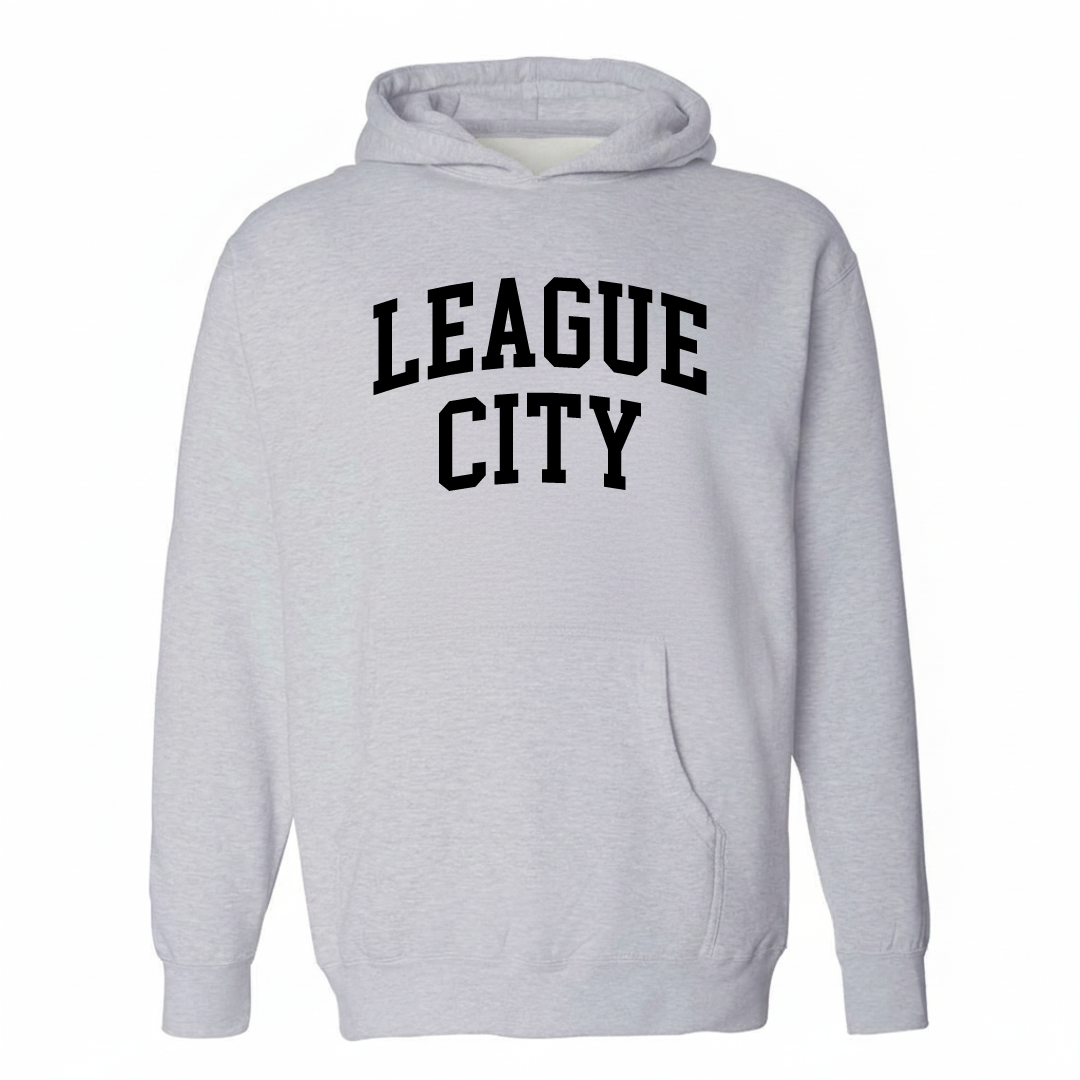 Heather-gray hoodie with the League City arched lettering varsity-collegiate design on the chest.