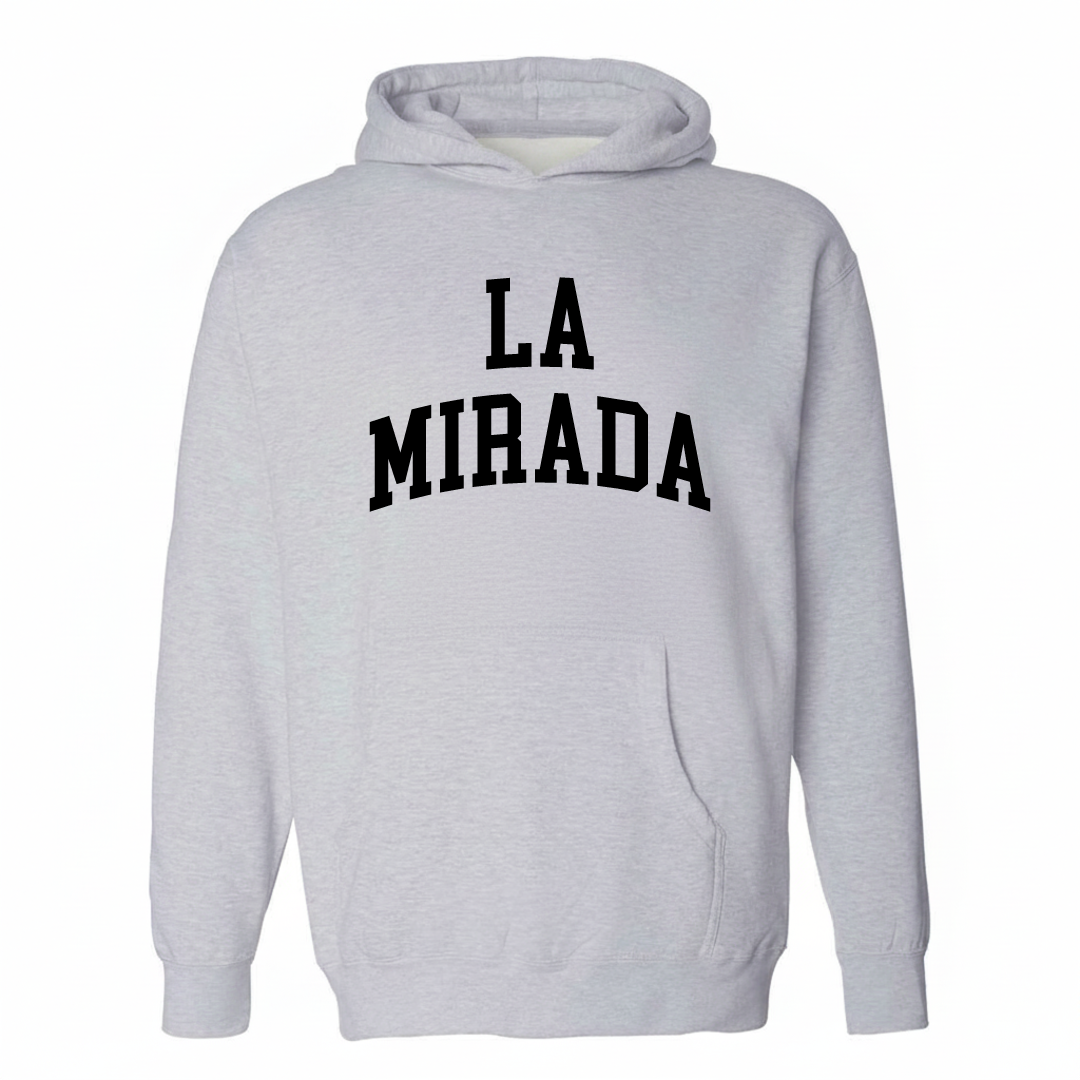 Heather-gray hoodie with the La Mirada varsity arched lettering design on the chest.