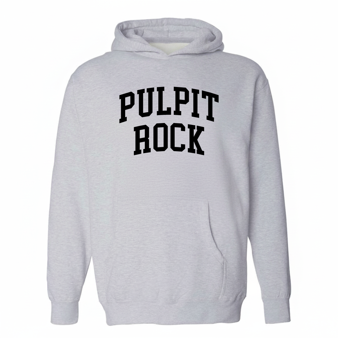 Heather-gray hoodie with the Pulpit Rock varsity arched lettering design on the chest.
