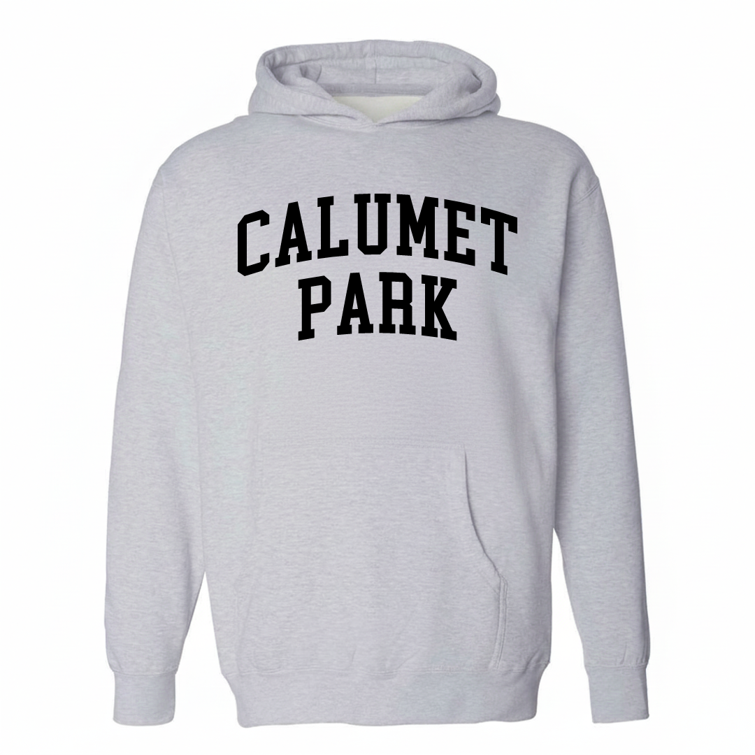 Heather-gray hoodie with the Calumet Park varsity arched lettering design on the chest.