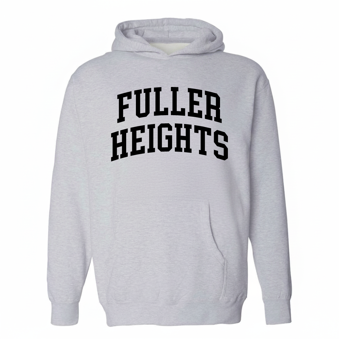 Heather-gray hoodie with the Fuller Heights varsity arched lettering design on the chest.