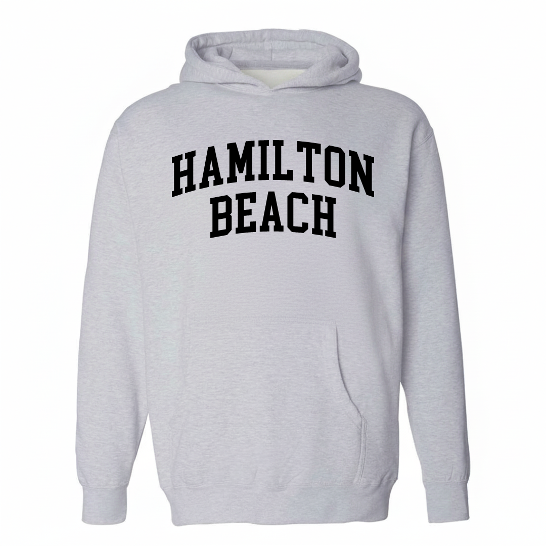Heather-gray hoodie with the Hamilton Beach arched lettering varsity-collegiate design on the chest.