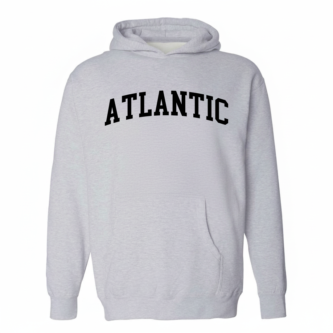 Heather-gray hoodie with the Atlantic arched lettering varsity-collegiate design on the chest.