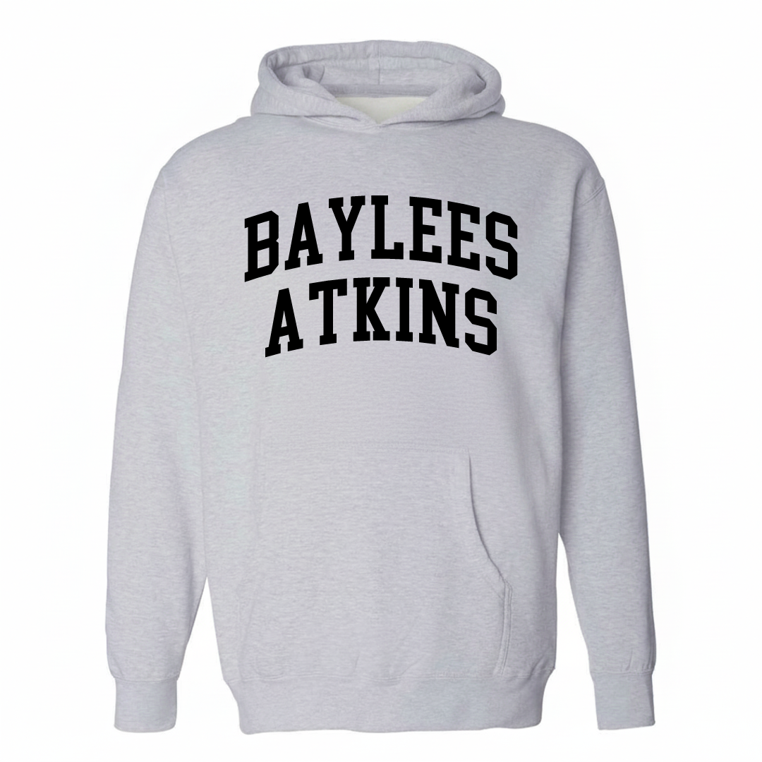 Heather-gray hoodie with the Baylees-Atkins arched lettering design on the chest.