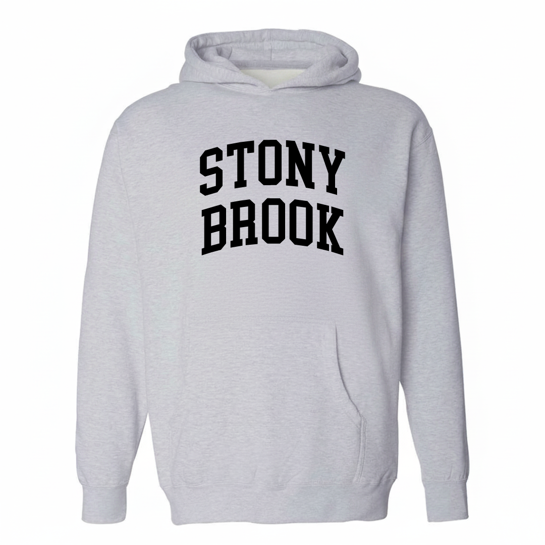 Heather-gray hoodie with the Stony Brook varsity arched lettering design on the chest.