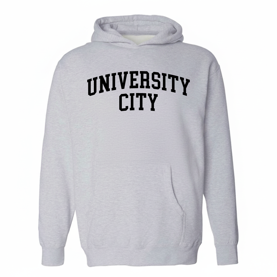 Heather-gray hoodie with the University City varsity arched lettering design on the chest.