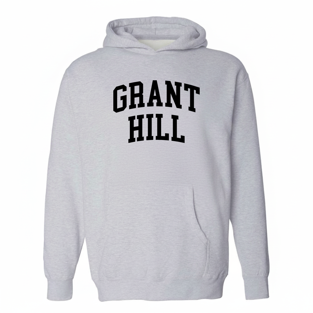 Heather-gray hoodie with the Grant Hill arched lettering varsity-collegiate design on the chest.